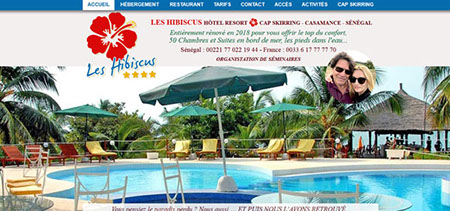 l'hôtel les hibiscus à cap skirring sud du Sénégal village vacances case de luxe bungalows location chambre Iryna et Jean François Davy